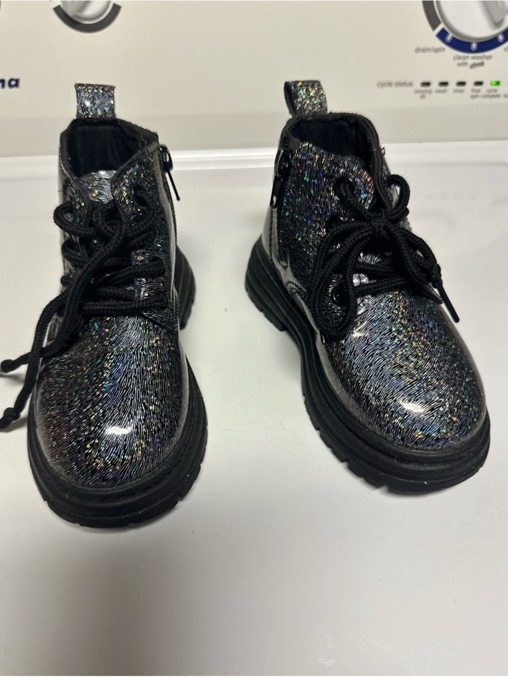 Kids Shimmer Lace-Up Black Boots with Side Zipper